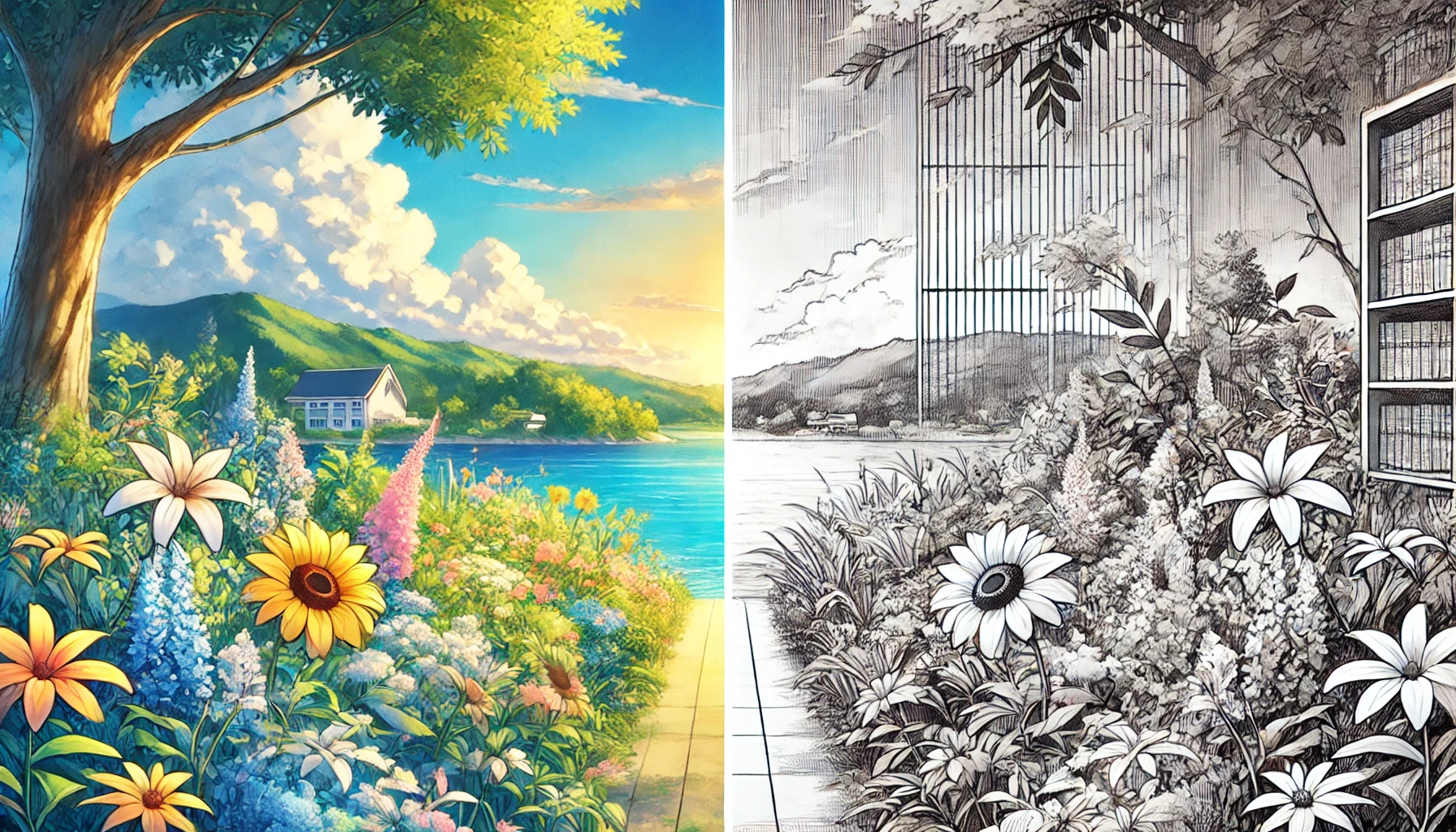 アニメと原作漫画の違いを表現した、カラーのアニメ風景とモノクロの漫画が並んだイメージ