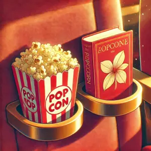 ポップコーンのカップと本が並び、アニメと原作漫画の鑑賞スタイルの違いを表現したイメージ