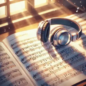 アニメ『ネガポジアングラー』の主題歌の楽曲の魅力を象徴する、楽譜とヘッドフォン