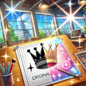 シンプルな王冠のイラストの上に、光や星、集中線などのエフェクトが描かれたフィルムが重ねられている様子