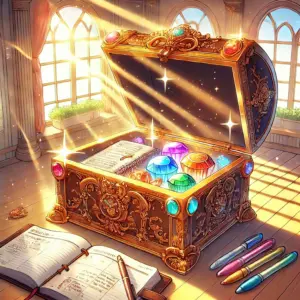 ファンタジー世界の宝箱から現代のビジネス手帳や名刺が溢れ出ている