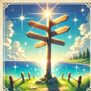 一本の道に立つ道標に、4つの異なる行き先を示す看板が取り付けられている