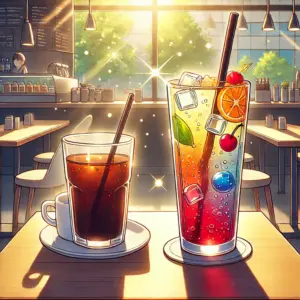 カフェのテーブルに並べられたクラシックなコーヒーカップとカラフルなフルーツソーダのグラス