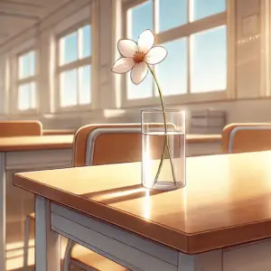 オフィスのデスクに置かれた一輪挿しの花が少しだけ隣に傾いている