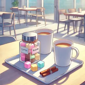 シンプルなコーヒーカップ二つの横に、シナモンスティックなどが入ったスパイスの瓶が置かれている