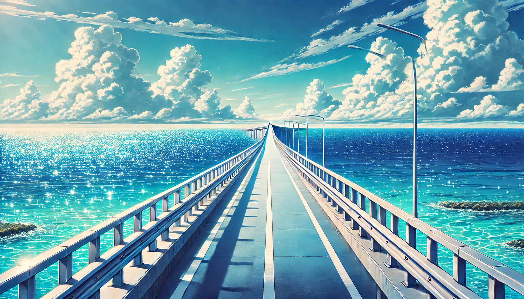 沖縄の青い海にかかる一本の橋。二つの世界を繋ぐ架け橋を象徴する風景。