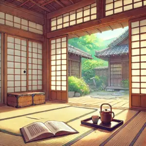 縁側に置かれた読みかけの本と湯呑み。比嘉さんの静かで思慮深い内面を象徴する風景。