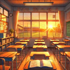 夕暮れの教室の窓から見える景色。比嘉ちゃんの切ない想いと、見る者の郷愁を誘う。