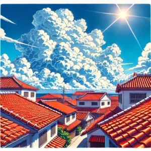 沖縄の赤瓦の家々と、その向こうに広がる夏の入道雲。