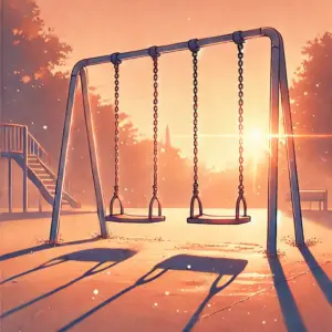 夕暮れの公園で、一つだけ揺れているブランコ。二人のもどかしい距離感を象徴している。