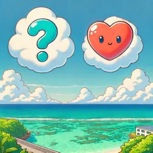 沖縄の青い空に浮かぶ、クエスチョンマークとハートマークの形の雲。