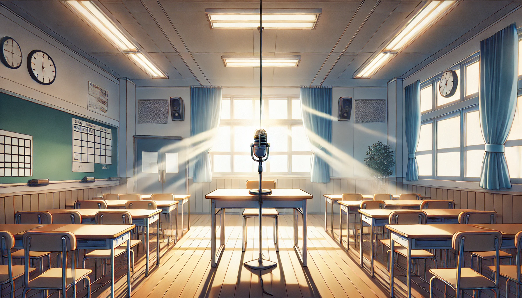 光が差し込む放送室に置かれた、一本のマイク。これから始まる物語を象徴している。