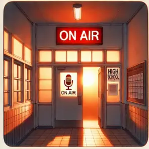 薄暗い廊下で力強く光る、放送室の「ON AIR」ランプ。