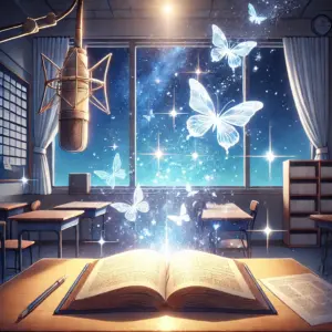 開かれた本から、光の蝶が舞い上がる幻想的なイラスト。