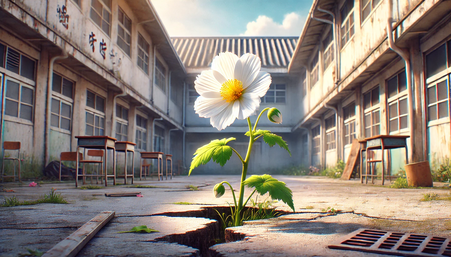 アスファルトのひび割れから咲く、一輪の白い花。作品のテーマを象徴している。