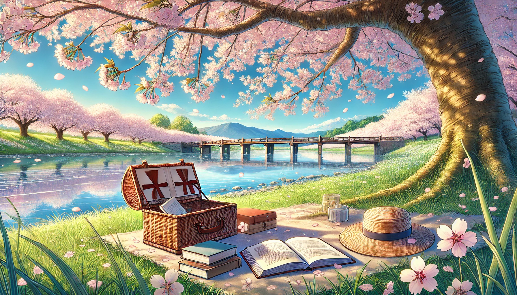 桜が満開の川辺。大きな木の下に、読みかけの本やバスケットが置かれ、誰かがさっきまでそこにいたような気配がする風景。