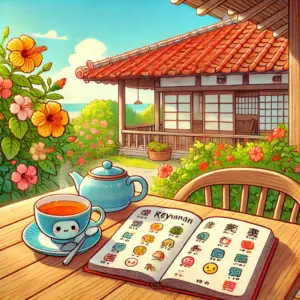 沖縄の古民家の縁側。テーブルに置かれたノートに、沖縄方言とイラスト付きの意味が書かれている。