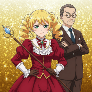 赤いクラシカルなドレスを着た金髪の令嬢と、スーツ姿の中年男性が並んで立つアニメ風イラスト。背景は明るい光に包まれており、コミカルで華やかな雰囲気。