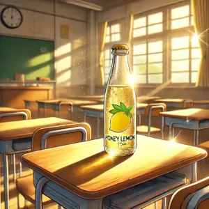 『ハニーレモンソーダ』のキーアイテムである、机の上に置かれたハニーレモンソーダのペットボトルのイラスト。