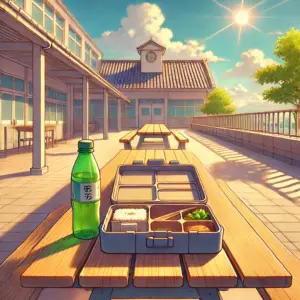 アニメでカットされた『ハニーレモンソーダ』のお弁当シーンをイメージさせる、屋上のベンチに置かれた空のお弁当箱のイラスト。