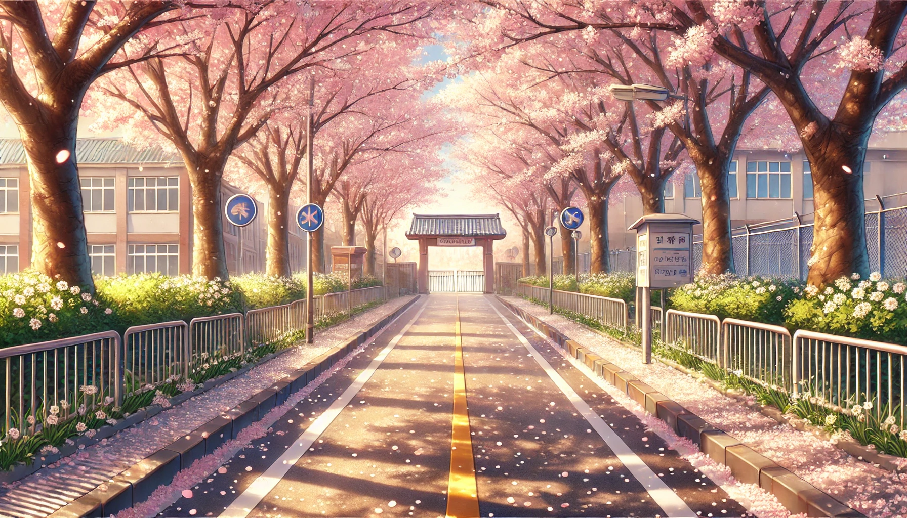 アニメ『ハニーレモンソーダ』の物語の始まりを象徴する、桜並木の通学路のイラスト。