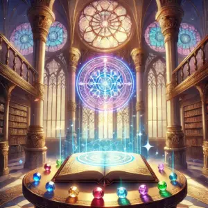 『魔法使いの約束』の世界観を示す、魔法図書館の机に開かれた古い魔法の本のイラスト。魔法陣が描かれ、魔法使いたちの知識と賢者の役割を象徴している。