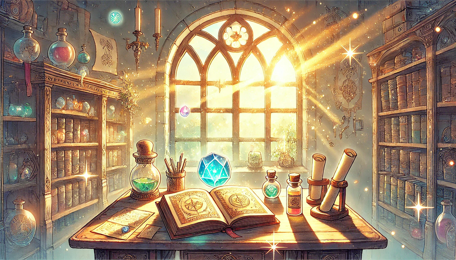 魔法使いの約束の世界観をイメージしたアンティークな机の上 明るい光が差し込む窓辺に魔法の本と輝くクリスタルが置かれている