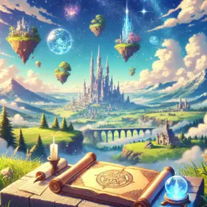 丘の上から魔法の島々や城が浮かぶ広大なファンタジー世界を望む風景 手前には古びた地図と羅針盤が置かれている