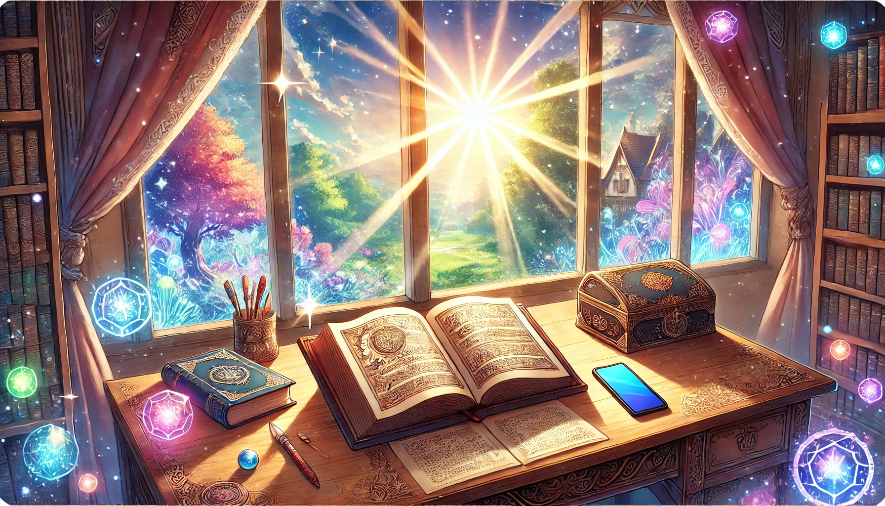 魔法使いの書斎の机の上 開かれた魔法の本とスマートフォンが並び 窓の外には幻想的な風景が広がっている