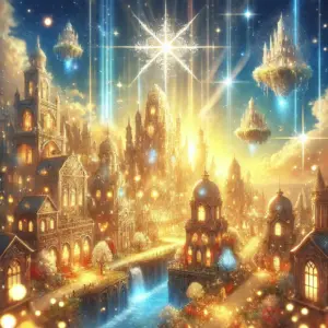 魔法使いの約束のきらびやかな魔法都市の全景 浮遊島が浮かび 明るい光が街を照らしている