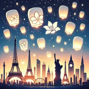 世界中のランドマークが浮かぶ空に、ユリの花のランタンが昇っていく光景