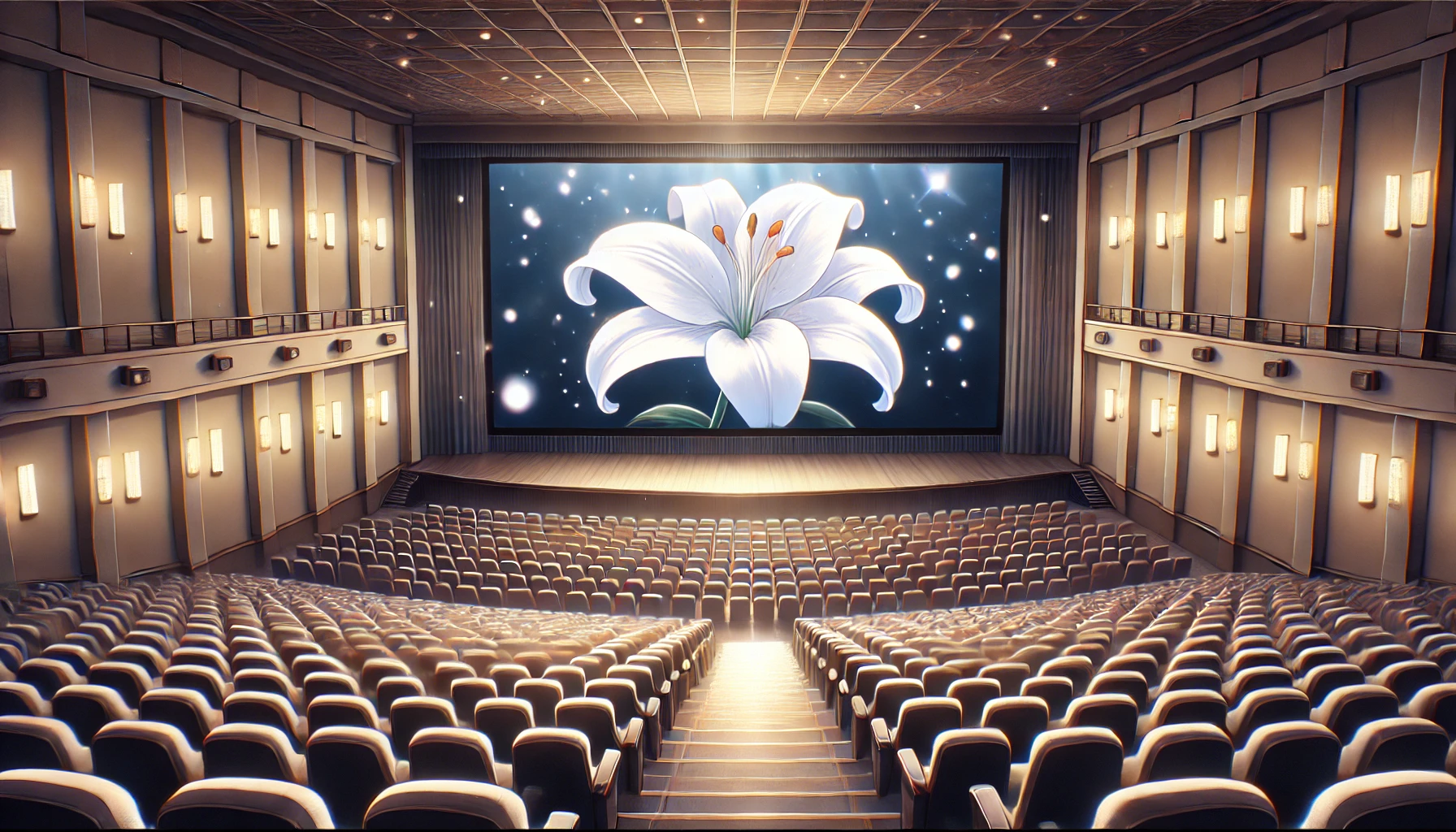 もめんたりー・リリィの感動の余韻を象徴する、映画館のスクリーンに映る白いユリ