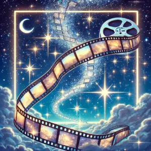 アニメのフィルムが星空の天の川になっていく、物語の思い出を象徴するイメージ