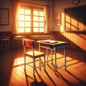 夕日が差し込む教室の、誰もいない空っぽの机と椅子