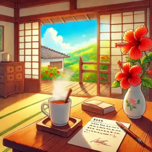 沖縄の古民家の縁側。机の上には、一杯の温かいさんぴん茶と、書きかけのかわいい便箋が置かれている。窓の外からは、ハイビスカスの花の赤が鮮やかに見える。彼女の優しくて家庭的な魅力が伝わってくるような情景。アニメスタイル、明るいトーン、正方形。
