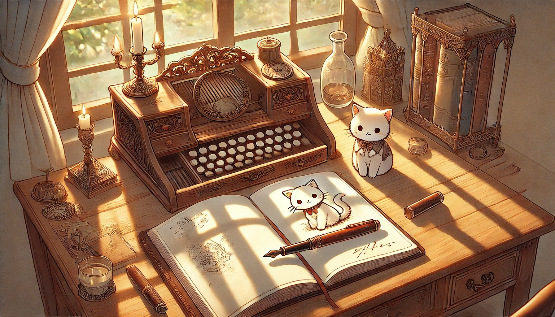 『猫に転生したおじさん』の作者やじま先生をイメージした、猫のスケッチが描かれたノートと万年筆