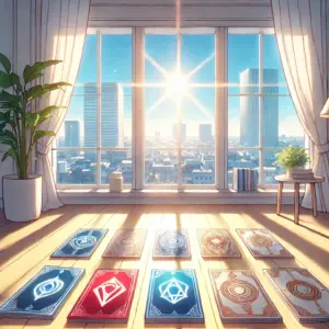大きな窓から光が差し込む部屋。床に光る魔法のカードが数枚散らばっている。