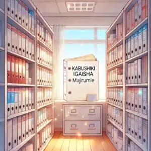 ビジネス書類が並ぶ本棚。「株式会社マジルミエ」と書かれたファイルから虹色の光が漏れている。