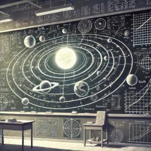 黒板にチョークで美しく描かれた地動説の惑星軌道図と数式。