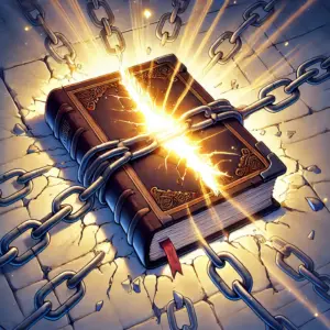 石の壁に、鉄の鎖で縛られた古書。その隙間からまばゆい光が漏れ出している。