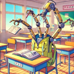 学校の机の横にかけられたカバンから、機械のアームが伸びて教科書をめくっている。