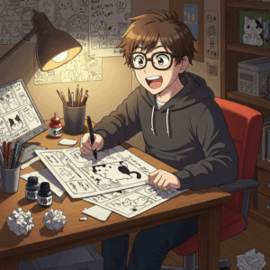 漫画『猫に転生したおじさん』を描いている40代の男性漫画家。ペンを握り、真剣な表情で原稿に向かっている姿。
