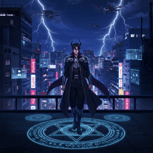 アニメ『魔王2099』第1話を象徴するシーン。ベルトールがサイバーパンクな未来都市・新宿のビル屋上に立ち、足元には魔法陣、夜空には監視ドローンが飛び交う。ネオンと魔法が交差する幻想的な構図で、魔王の威厳とサイバー世界の融合が描かれている。 