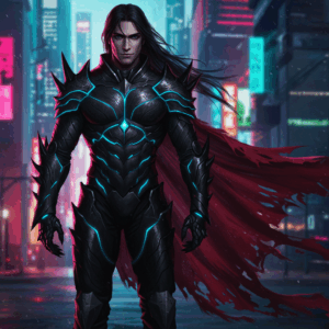 『魔王2099』の主人公ベルトールが未来都市に立つシーンを描いたサイバーパンク風アート。黒い装甲に青い光をまとった姿が印象的。