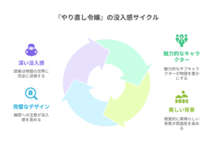 「やり直し令嬢は竜帝陛下を攻略中」の没入感サイクルを示す図。中央の円形サイクルから、深い没入感、完璧なデザイン、魅力的なキャラクター、美しい背景の4要素がそれぞれ色分けされて展開している。