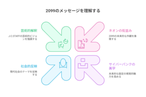 「2099のメッセージを理解する」というタイトルの図解。中心に向かう4つの矢印で構成され、それぞれ「芸術的解釈」「ネオンの街並み」「社会的反映」「サイバーパンクの美学」という、未来都市魔王2099を読み解くための4つの視点を示している。
