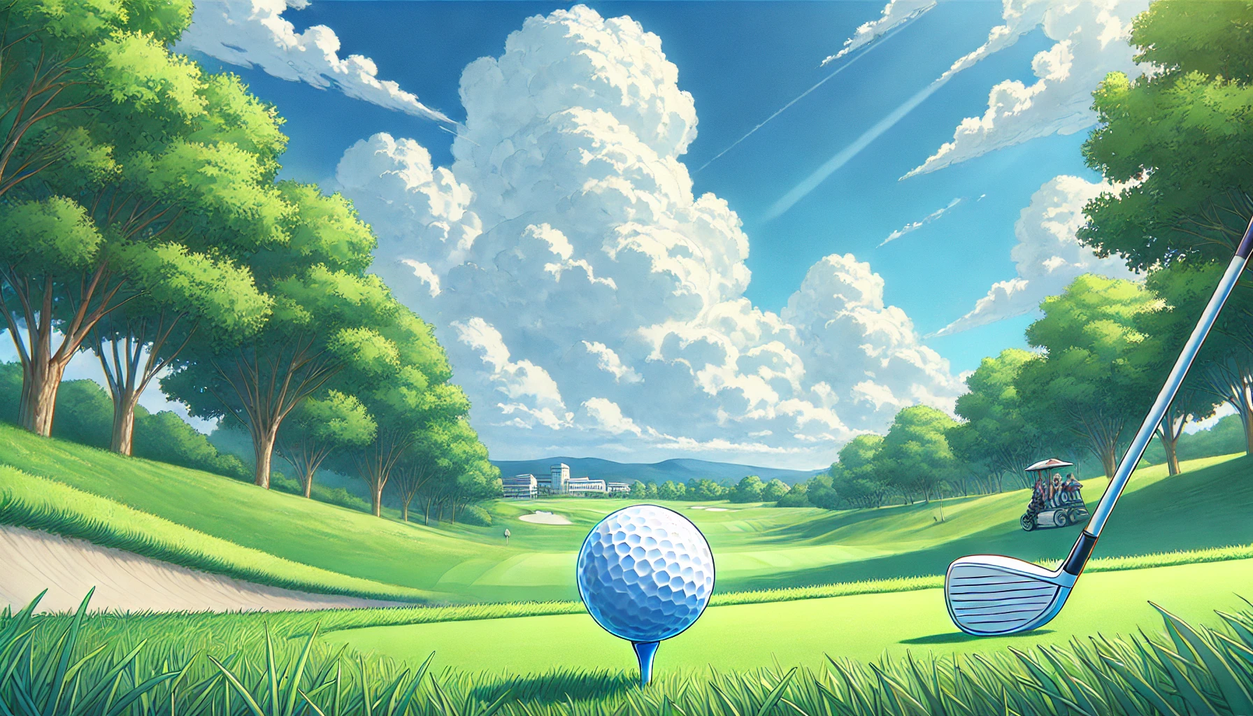 アニメ『空色ユーティリティ』をイメージしたゴルフコースの風景。青空の下、芝生の上にゴルフボールが一つ置かれている。