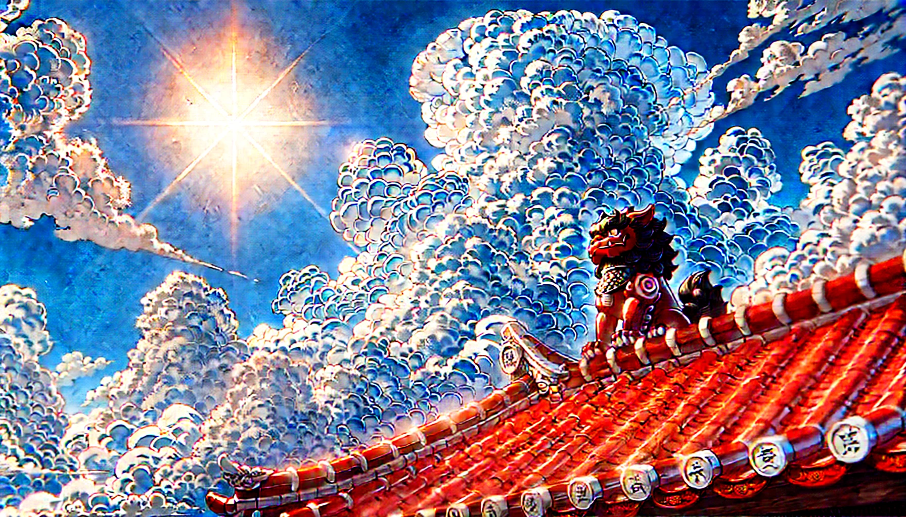 アニメ『沖好き』を象徴する、沖縄の青い空と赤瓦の屋根に座るシーサーのイラスト。