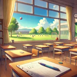 アニメ『アオのハコ』の青春をイメージさせる、窓際の机と開かれたノートの風景。