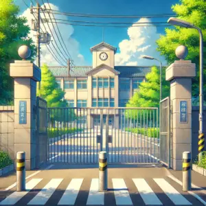 アニメ『クラスの大嫌いな女子と結婚することになった』の舞台モデルとなった学校の校門の風景。